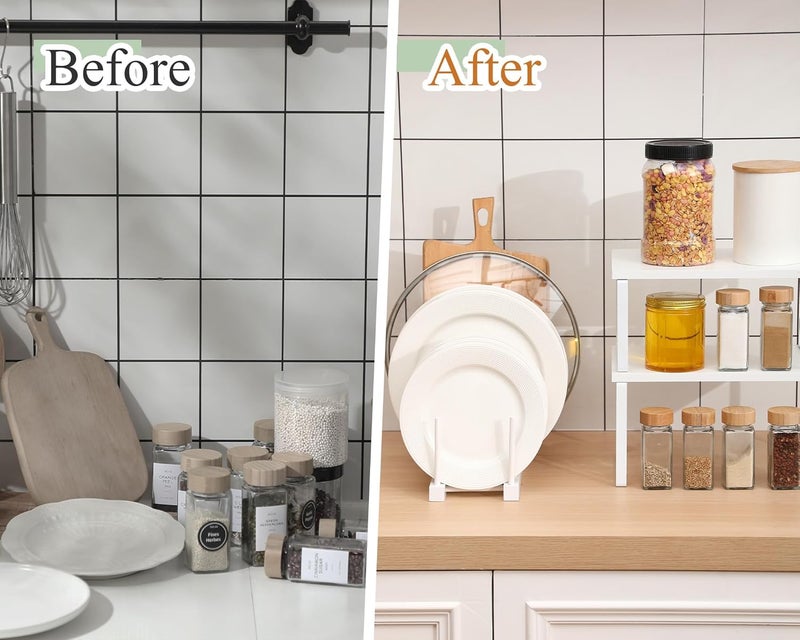 Marsui 4 Pcs Kitchen Organizer Accessories Set Cabinet Organizer Shelf and Bamboo Dish Drying Plate Rack Counter Shelves Storage Holder for Spice Rack, Dish, Pot Lid, Bowl, Cup (White) - Image 4